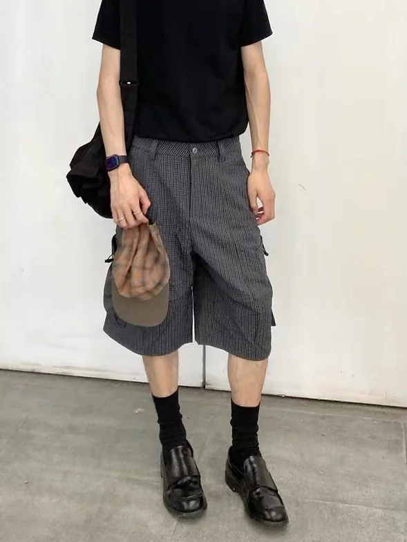 

American Retro ey Bubble Texture Seven-Foot Pants Men Casual Loose Wide-Leg Over-Knee orts Straight-Cut Elastic Waist