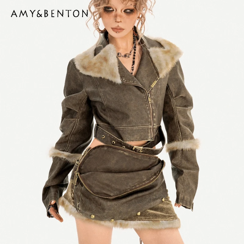

Original Design Subculture Hot Girl Fur Collar Women's Jacket Autumn Winter New Vintage Short Leather Jacket for Women