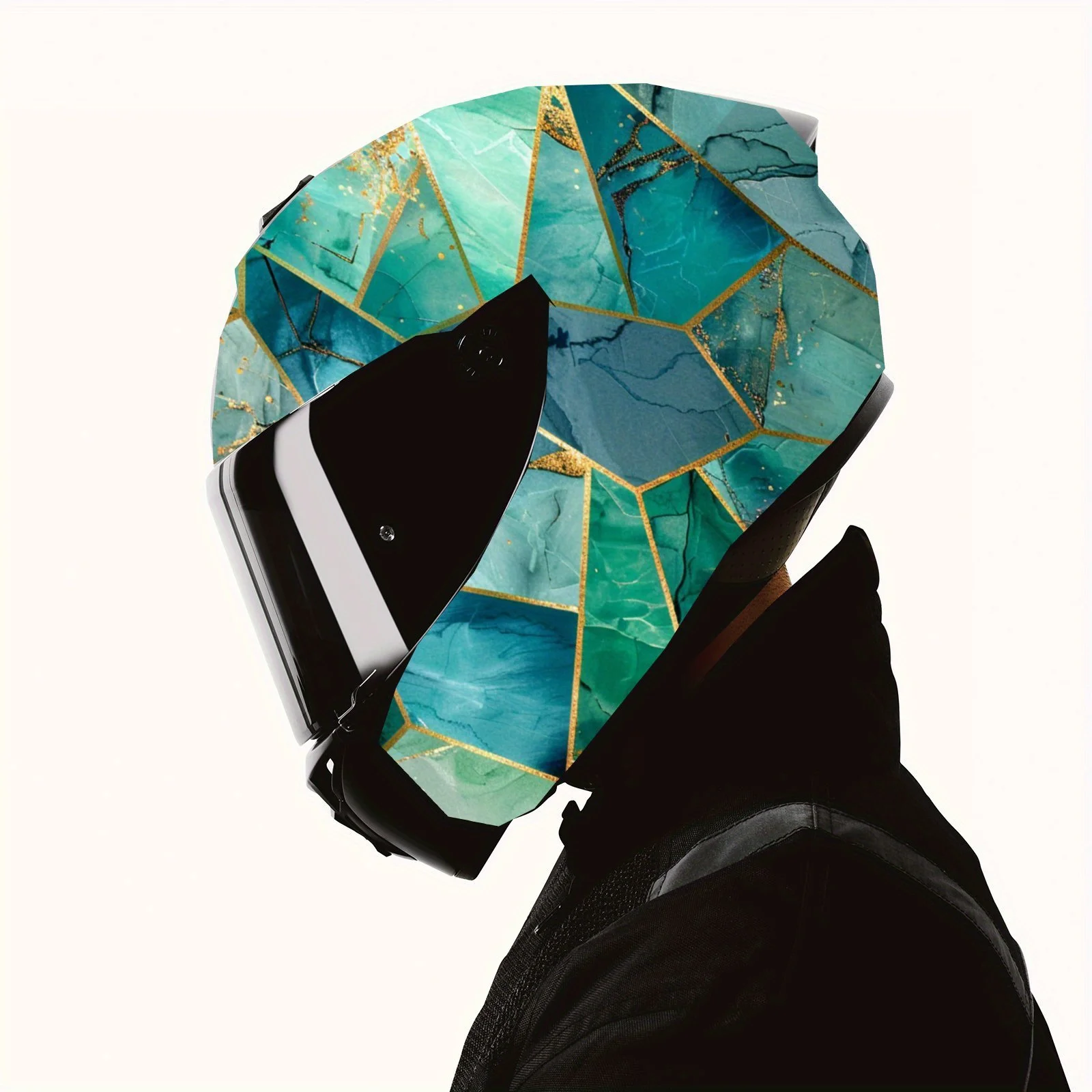 Grün-goldene geometrische PVC-Motorradhelm-Vinylfolie, selbstklebender wasserdichter Aufkleber, kratzfeste dekorative Folie für Full F