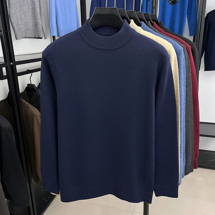 

Knitted Sweater with Wool for Winter Wear Men's Semi High Neck Sweater Warm Solid Color Solid Color Base Sweater