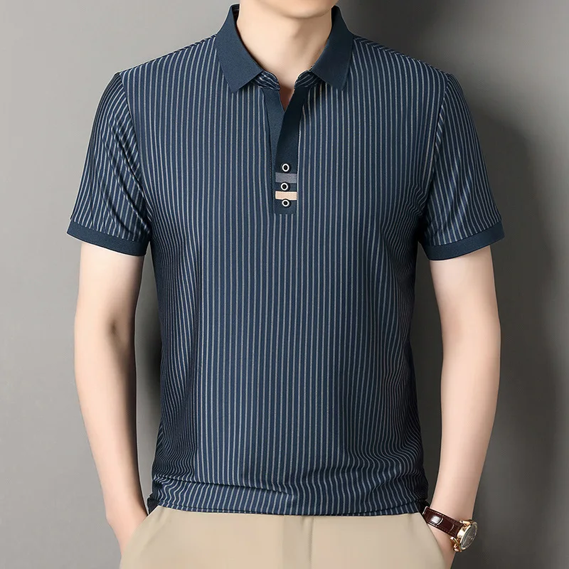 Summer new men's short sleeved T-shirt, middle-aged and young men's vertical striped half sleeve scissor lapel T-shirt
