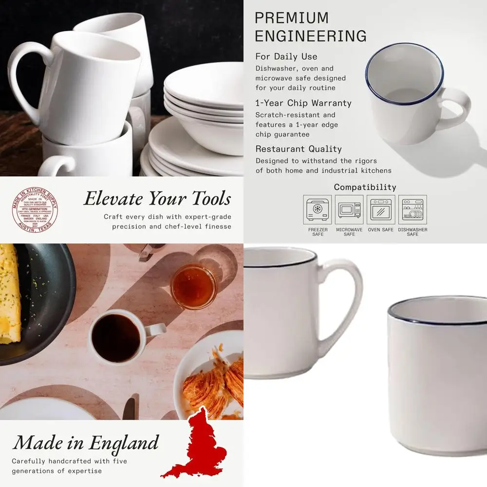 4-Piece Porcelain Coffee Mug Set - 12 oz White Cups with Navy Rim - Made in England - Dishwasher & Microwave Safe