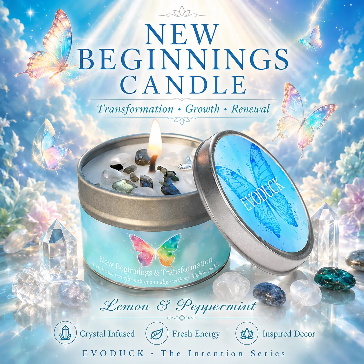 Lemon Peppermint Crystal Scented Candle New Beginnings Transformation Spiritual Manifestation Aromatherapy Tin Candle Gift Decor