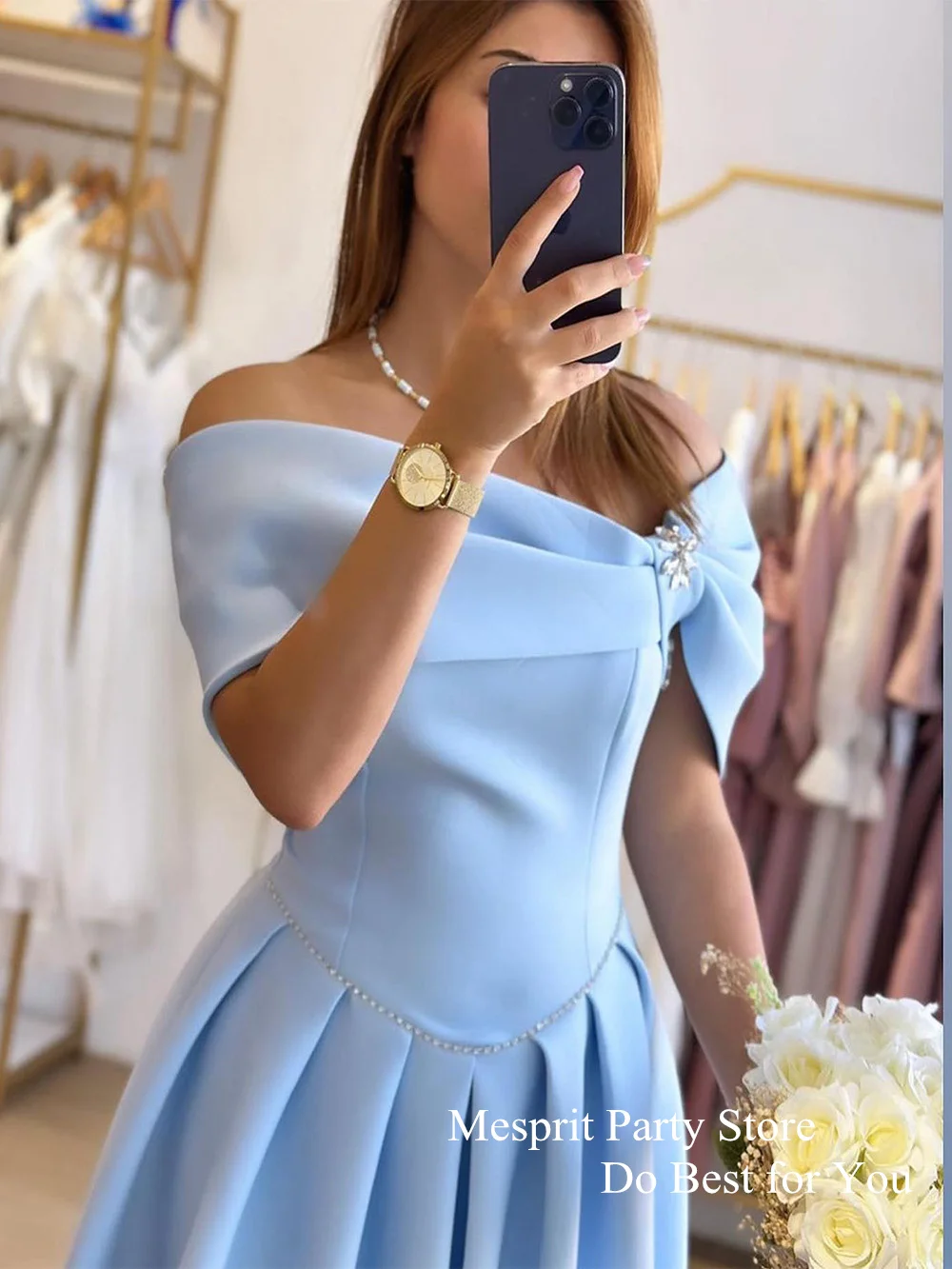 Sky Blue Satin Cocktail Gown Off The Shoulder Boat Neck Beading A Line Pocket Evening Party Dresses for Wedding Short Prom Dress