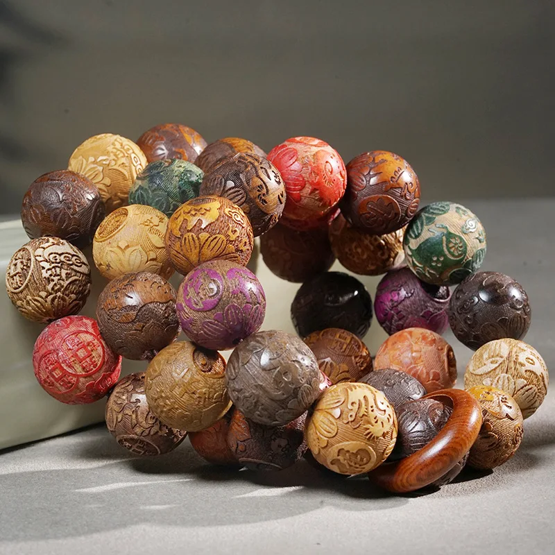 Sandalwood Five Elements Multi-Treasure Bead Carved Bracelet for Men and Women, Chinese Style Prayer Beads, Decorative Ornament,