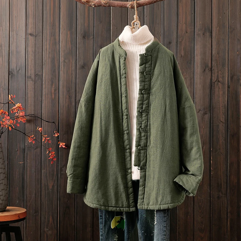 

Женское хлопковое пальто Thiened с зажимом на пуговицах, зимнее пальто средней длины, художественное пальто в стиле ретро, длинное пальто свободного кроя