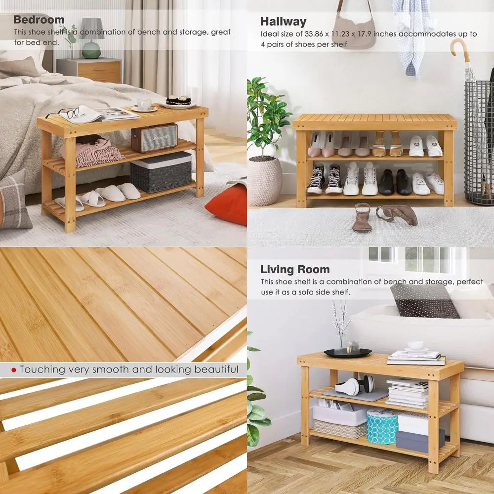 

3-х уровневая бамбуковая полка для обуви, скамейка-органайзер, естественная отделка для прихожей, прихожей, ванной комнаты, хранения в гостиной