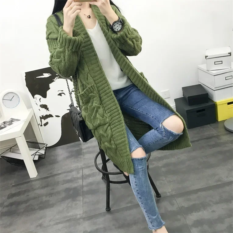 2024 New Loose Simple V-neck Knitting Fried Dough Twists Versatile Fashion Cardigan Middle Long Sweater Coat