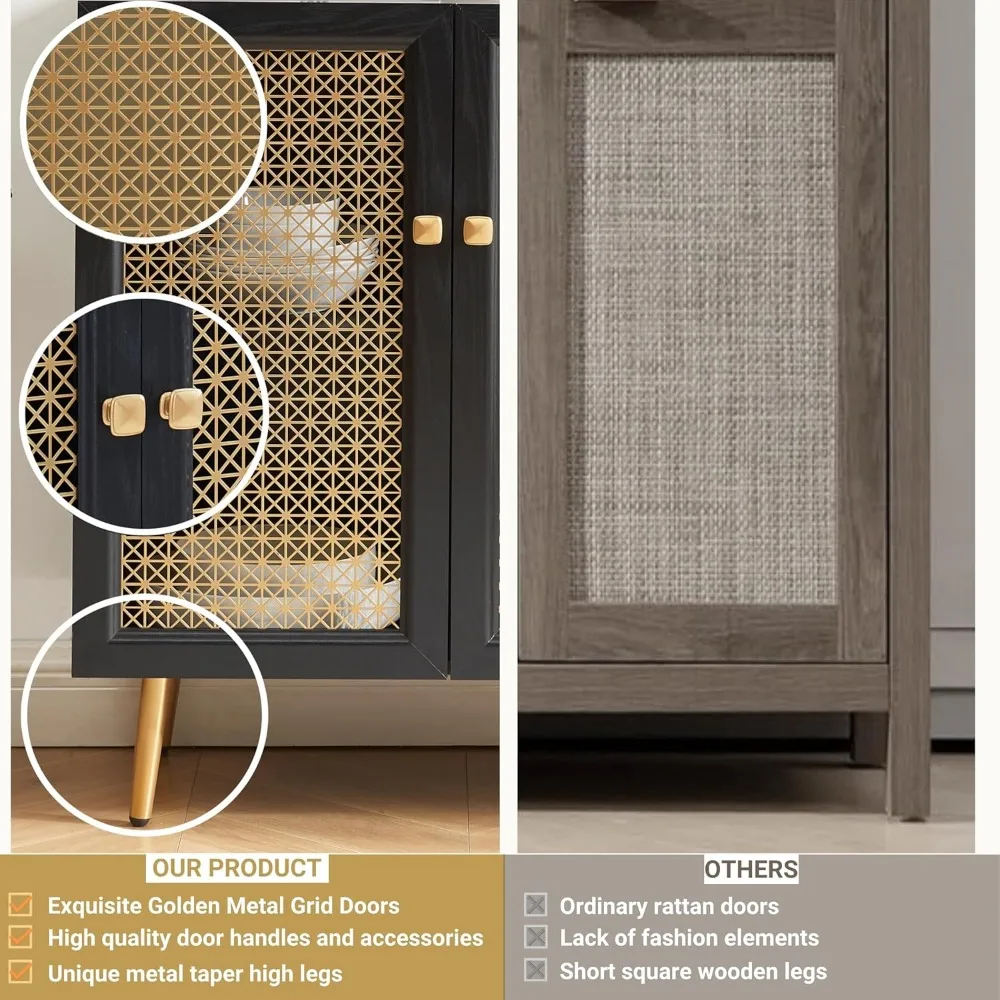 بوفيه خزانة جانبية للتخزين باللون الأسود مع أبواب شبكية معدنية، وخزانة وحدة تحكم متعددة الوظائف لغرفة المعيشة، وتناول الطعام