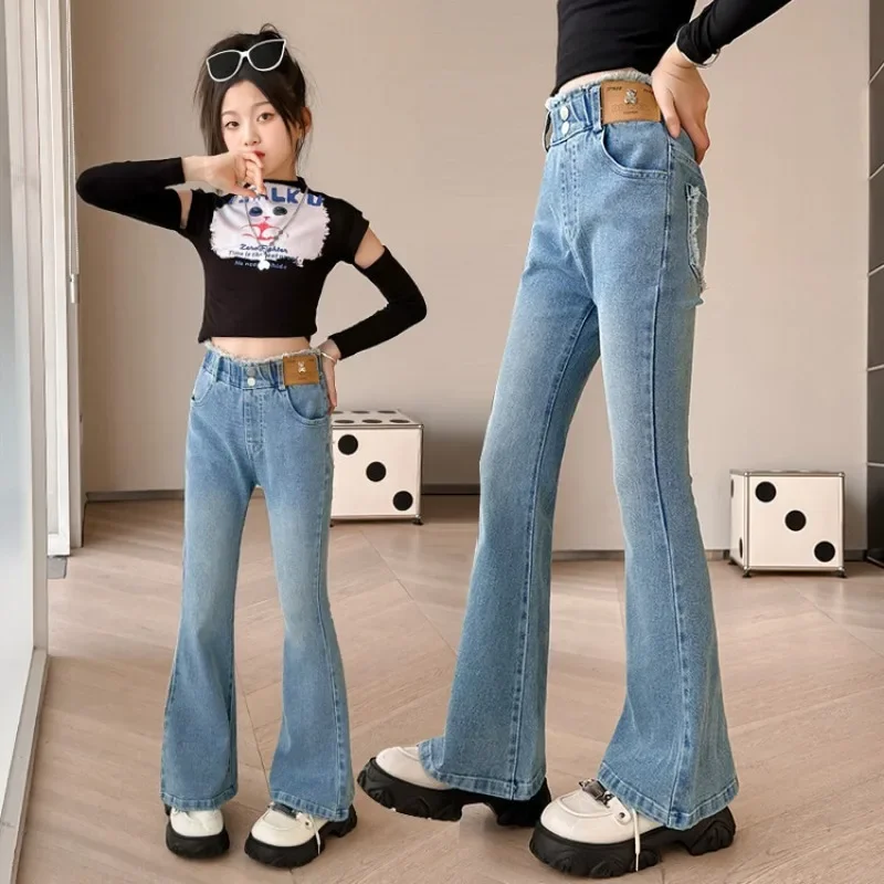 New 2025 Girls Loose Wide-leg Jeans Bell-bottom Trousers Children Solid Casual Denim Pants Spring Autumn Clothing 5-12 Years