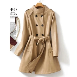 M-4XL de comprimento médio feminino split couro trench coats 2024 outono inverno chique trespassado rendas cinto senhoras pele carneiro outwear