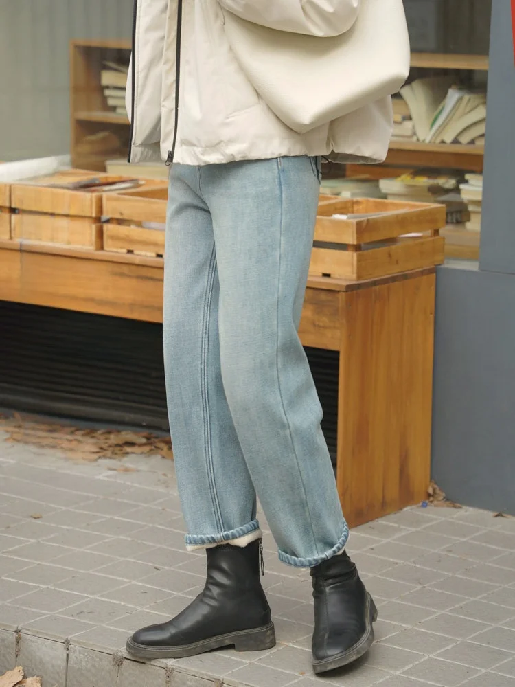

Blue Thiened Fce Winter Denim Jeans Women's High Waist Straight Leg Casual Waed Loose Slimming Nine-Piece Pants