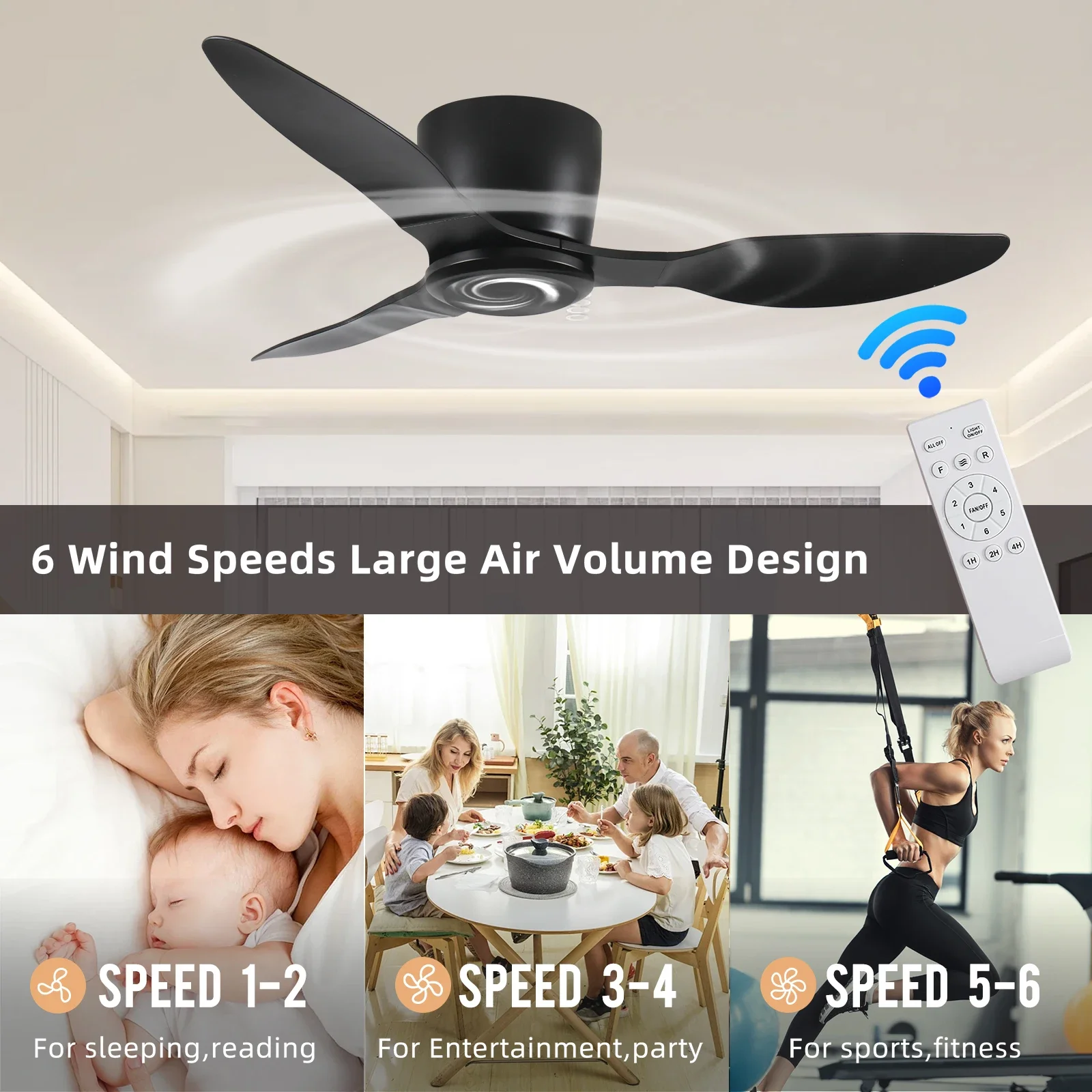 

42" Flush Mount Ceiling Fan, 3 Reversible Blades, with 6 Speeds Reversible DC Motor,Low Profile Ceiling Fan with no light