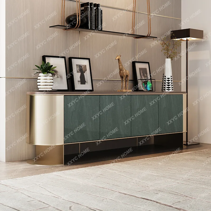 Light luxury TV cabinet Stainless steel storage audio-visual cabinet Villa living room High-end art solid wood floor cabinet