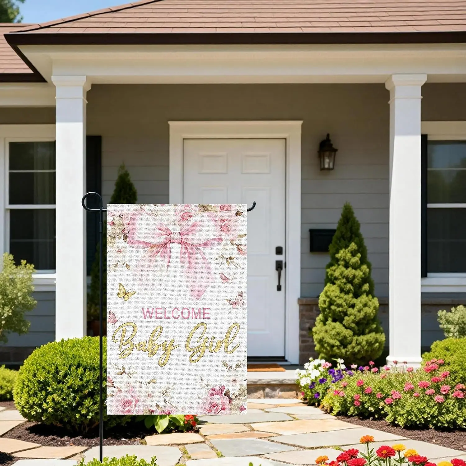 Welcome Baby Girl Garden Flag, Announcement Gender Reveal Newborn Baby Sign Double Sided Garden Flag 12 x20 inches LLX PPM