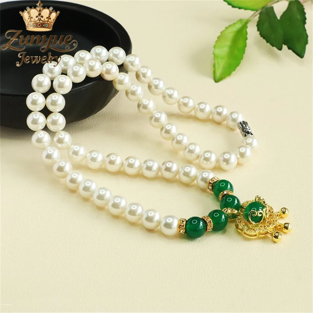 العقيق الأخضر الطبيعي Ruyi قفل قلادة و عقد من اللؤلؤ الأبيض جودة فاخرة مجوهرات الأزياء رائعة شعبية سحر هدية