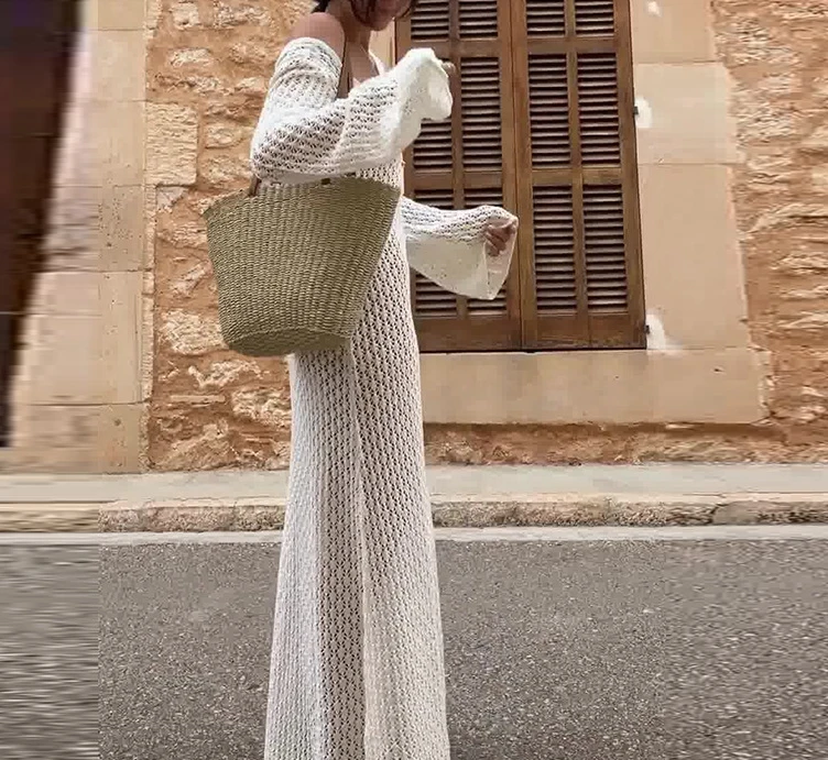 Women Dresses 2024 Spring Sexy Perspective Hollow Out V-Neck Long Sleeved Backless Casual Solid Color Beach Vacation Long Dress