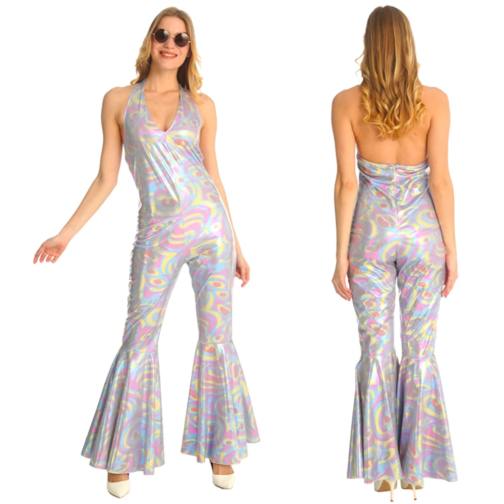 Mono hippie: disfraz sexy de Halloween plateado deslumbrante para cóctel, puesta en escena, disfraz de discoteca de estilo moderno