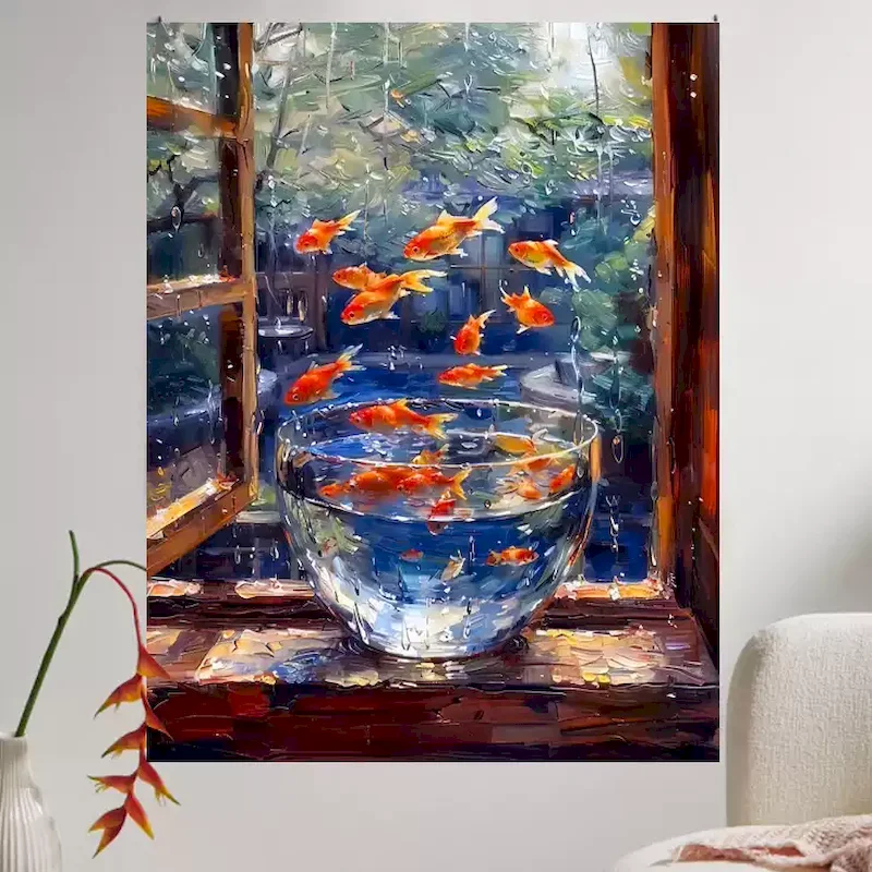 VIKAMA Fish Tapestry Wall Hanging Goldfish Bowl Window Rainy Day Oil Painting Cozy Aesthetic Bedroom Decor