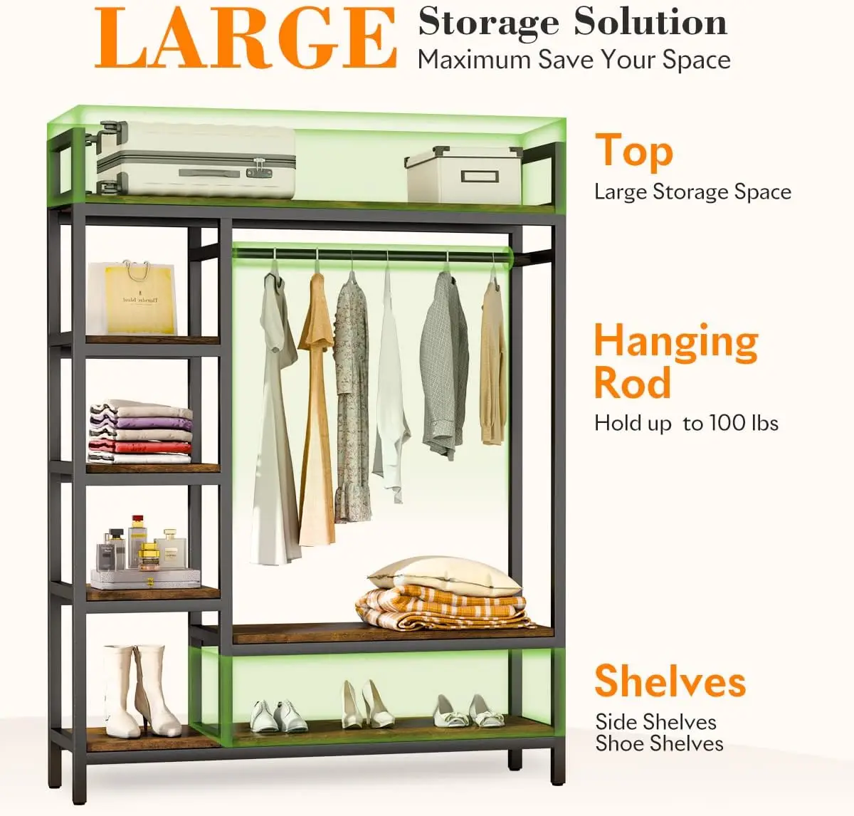 Heavy Duty Clothes Rack com Prateleiras, Armário Independente, Armário de Metal, Organizador para Homens e Mulheres, Rack de Roupas