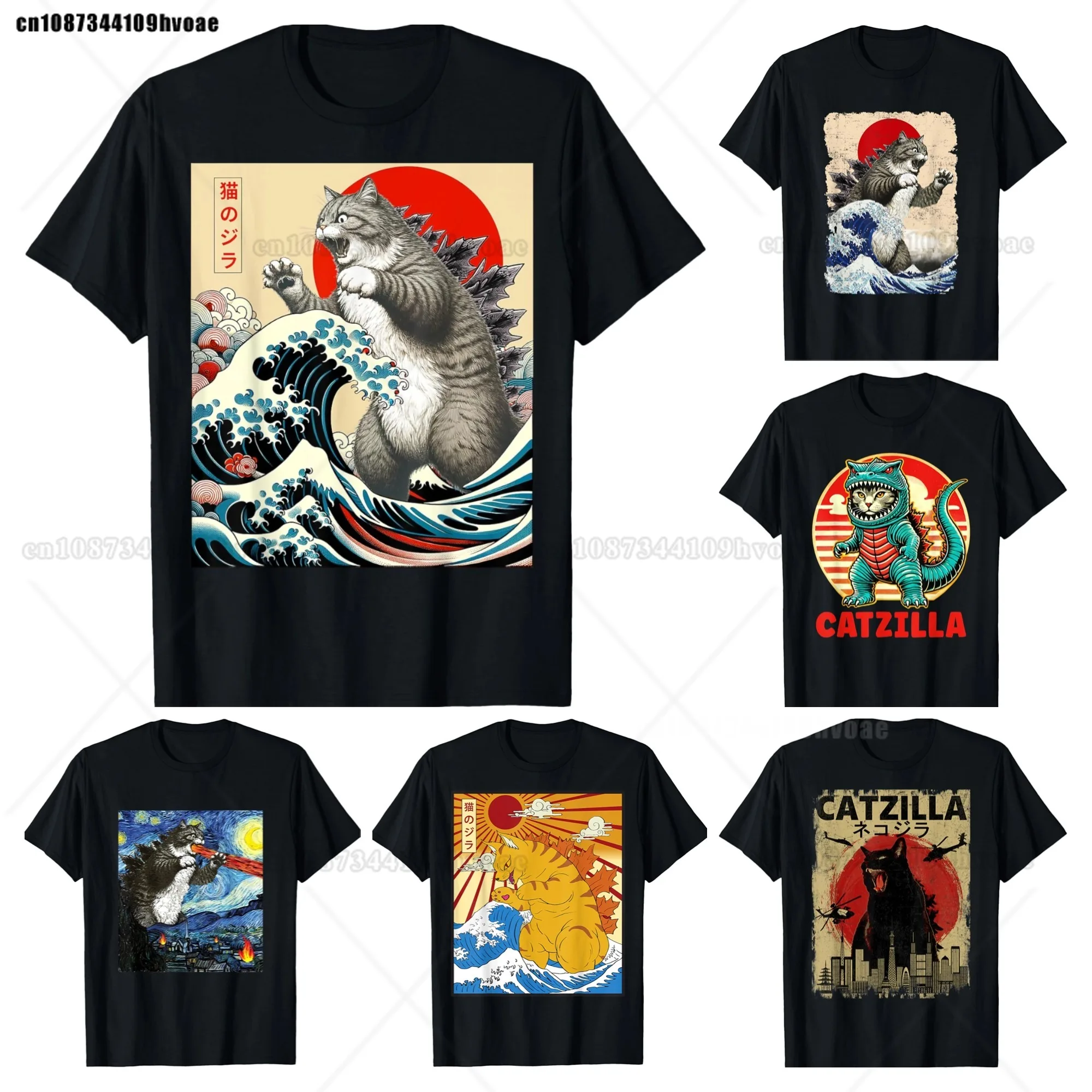Catzilla Cat Japanese Art Funny Cat Gifts T-Shirt Top Tees Cotton High Quality Men Hip Hop TShirt Punk Gothic Graphic Breathable
