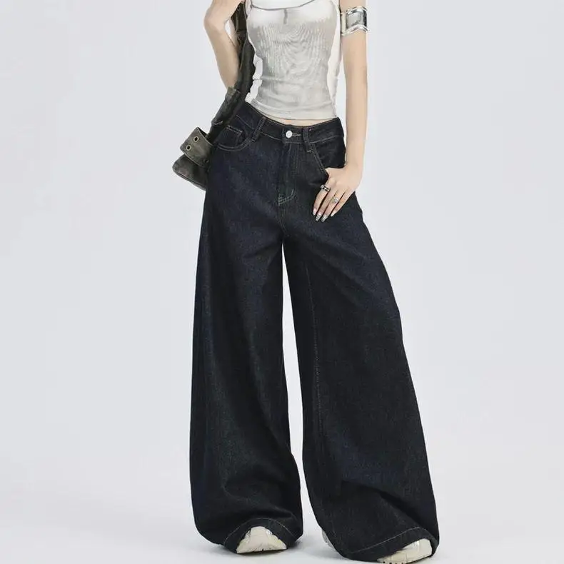 

Retro Fall Winter High Waist Straight Leg Wide Leg Pants Slimming Versatile Denim Casual Loose Fit Deep Color for ort Women