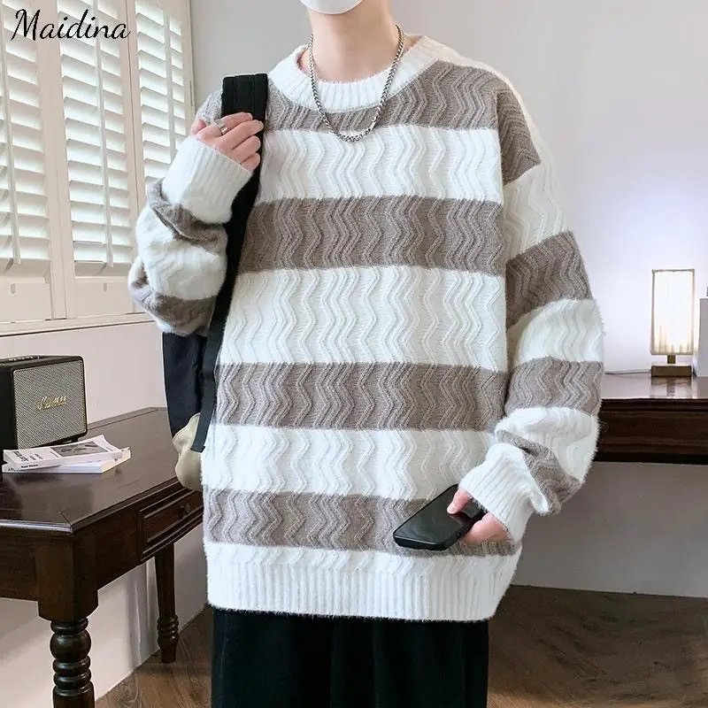 Moda cuello redondo Color a juego suéter suelto a rayas ropa de hombre 2025 Otoño e Invierno nuevo suéter básico Jersey Casual S