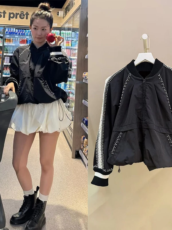 

Cheng Shiqi Style 2026 Spring Summer New Pearl Buckle Short Jacket Coat Casual Polyester Fiber Women's Fashion Stand Collar W...