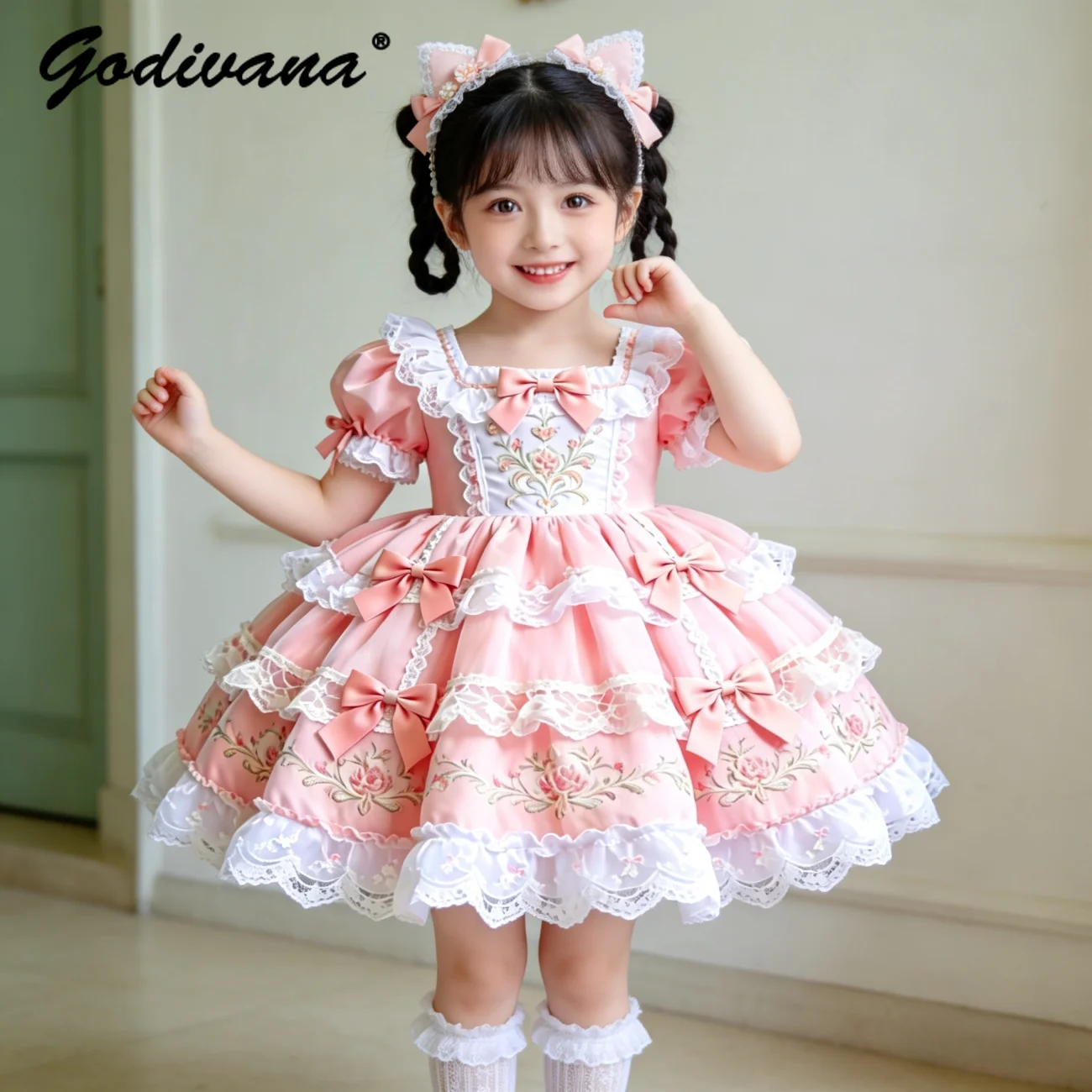 Sweet Baby Girls 2026 Summer New Pink Lolita Dress Kids Lace Trim Bow Heavy Embroidery Puffy Sleeve High End Birthday Party Gown