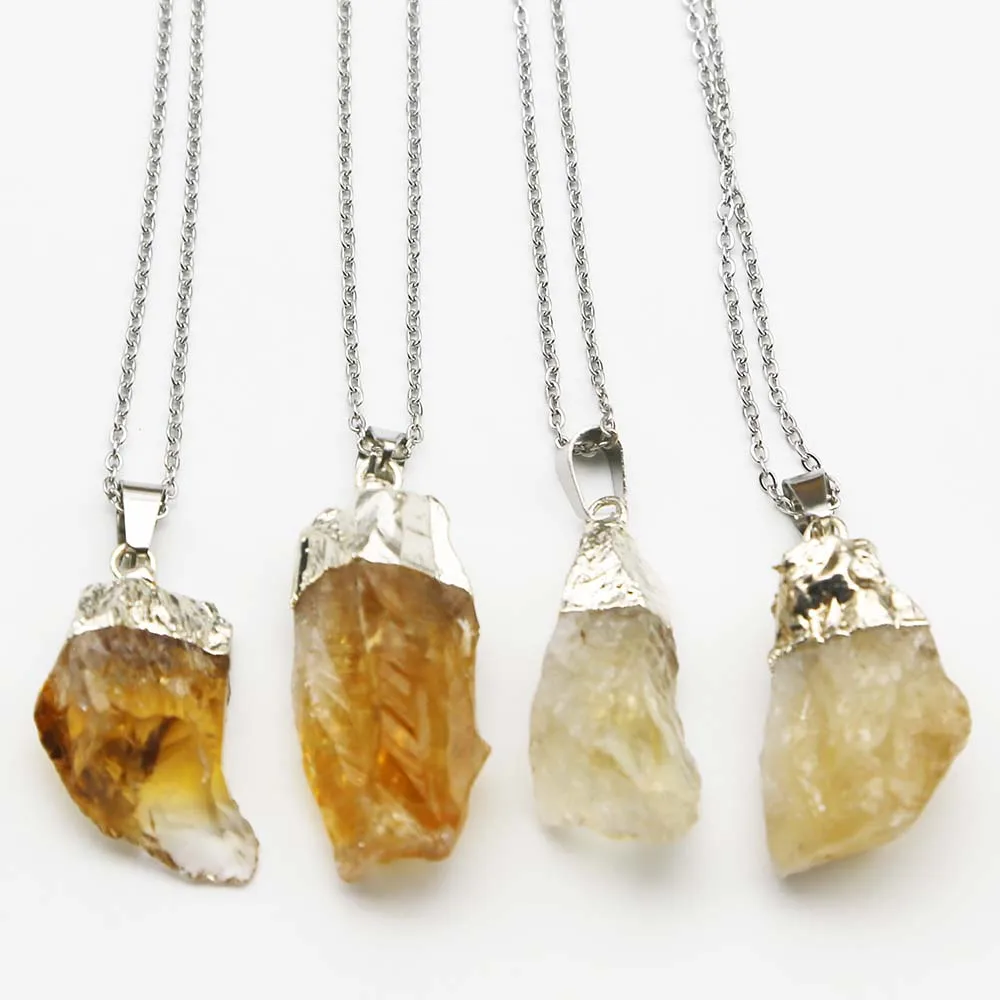 Natural Raw Ore Topaz Irregular Pendant Yellow Crystal Plating Silver Stainless Steel Chain Necklace DIY Jewelry Accessories6Pcs