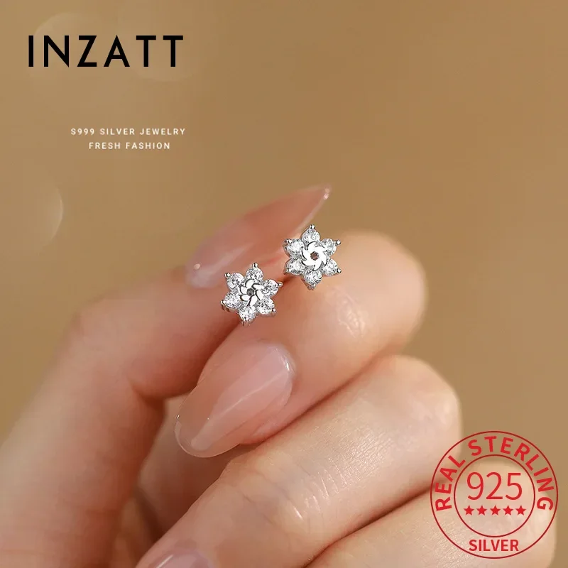 

INZATT Real 925 Sterling Silver Sparkling Zircon Snowflake Mini Stud Earrings for Women Fine Jewelry Light Luxury Accessories