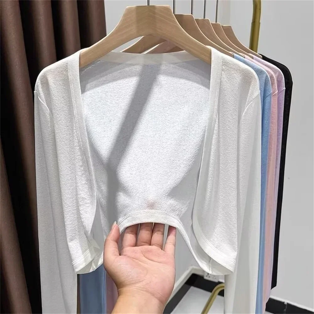 Korean Fashion Sun Protection Shawl Cardigan Outerwear Slim Sweet Style Long Sleeve V Neck Short Length Thin Knitted Coat