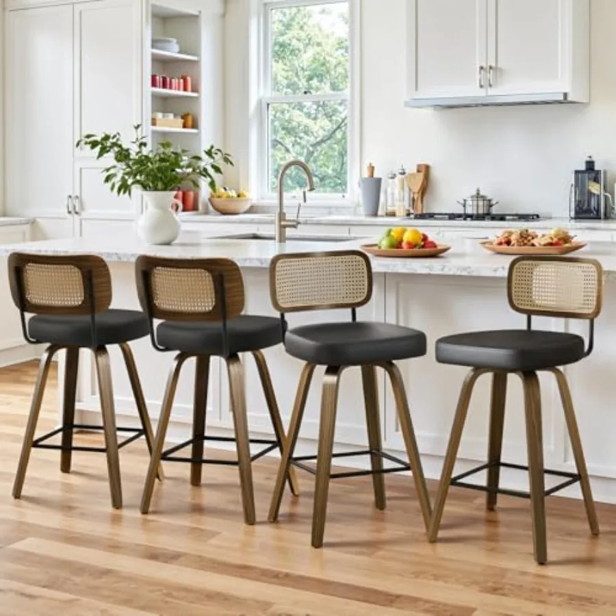 

26 in. Swivel Counter Height Bar Stools Set of 4, Faux Leather Upholstered Bar Chairs with Rattan Back, Mid-Century Modern Coun