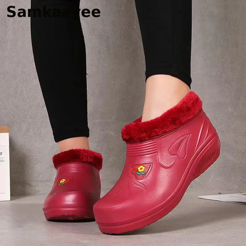 37-41 Womens Rain Boots Winter Waterproof Shoes Mujer Ankle Snow Botas Female Platform Thick-soled Plush Anti Slip Water Zapatos