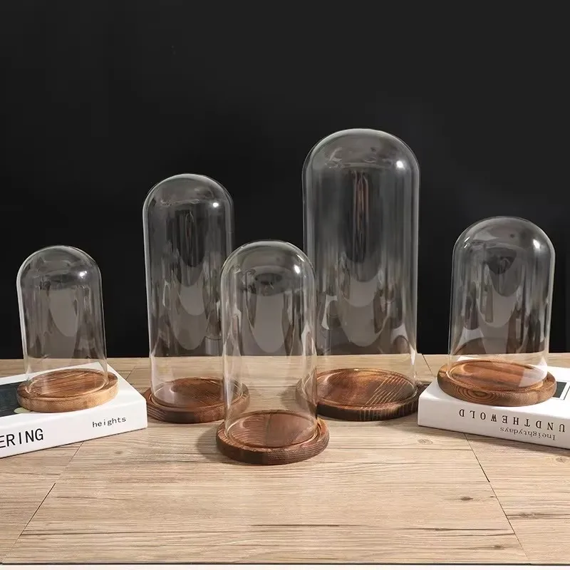 

1pcs Dia 20cm Free Clear Handcrafted Glass Dome with Brown Wood Stand Home Decor Clear Oval Glass Domes with Base