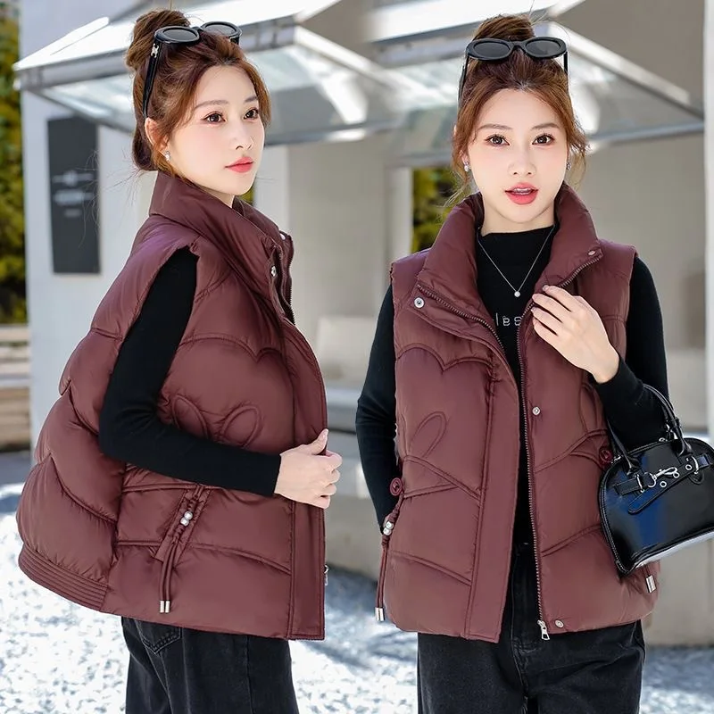 Women Stand Collar Rabbit Embossed Quilted Puffer Vest Sleeveless Gilet Zipper Snap Closure Drawstring Pocket Winter Outerwear