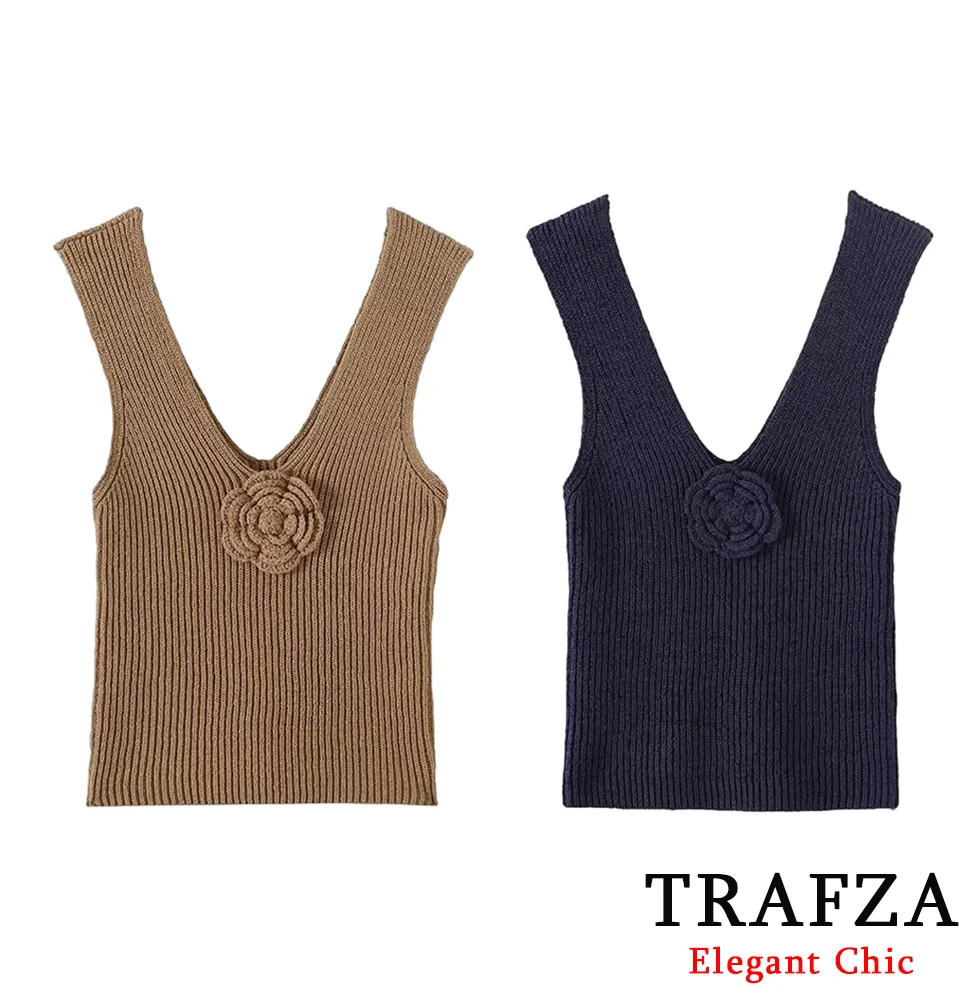 

TRAFZA Women Casual Knitted Vest Weaving Flowers Slim Suspender Tops 2025 Spring Fall Fashion Elegant Simple Versatile Lady Tops