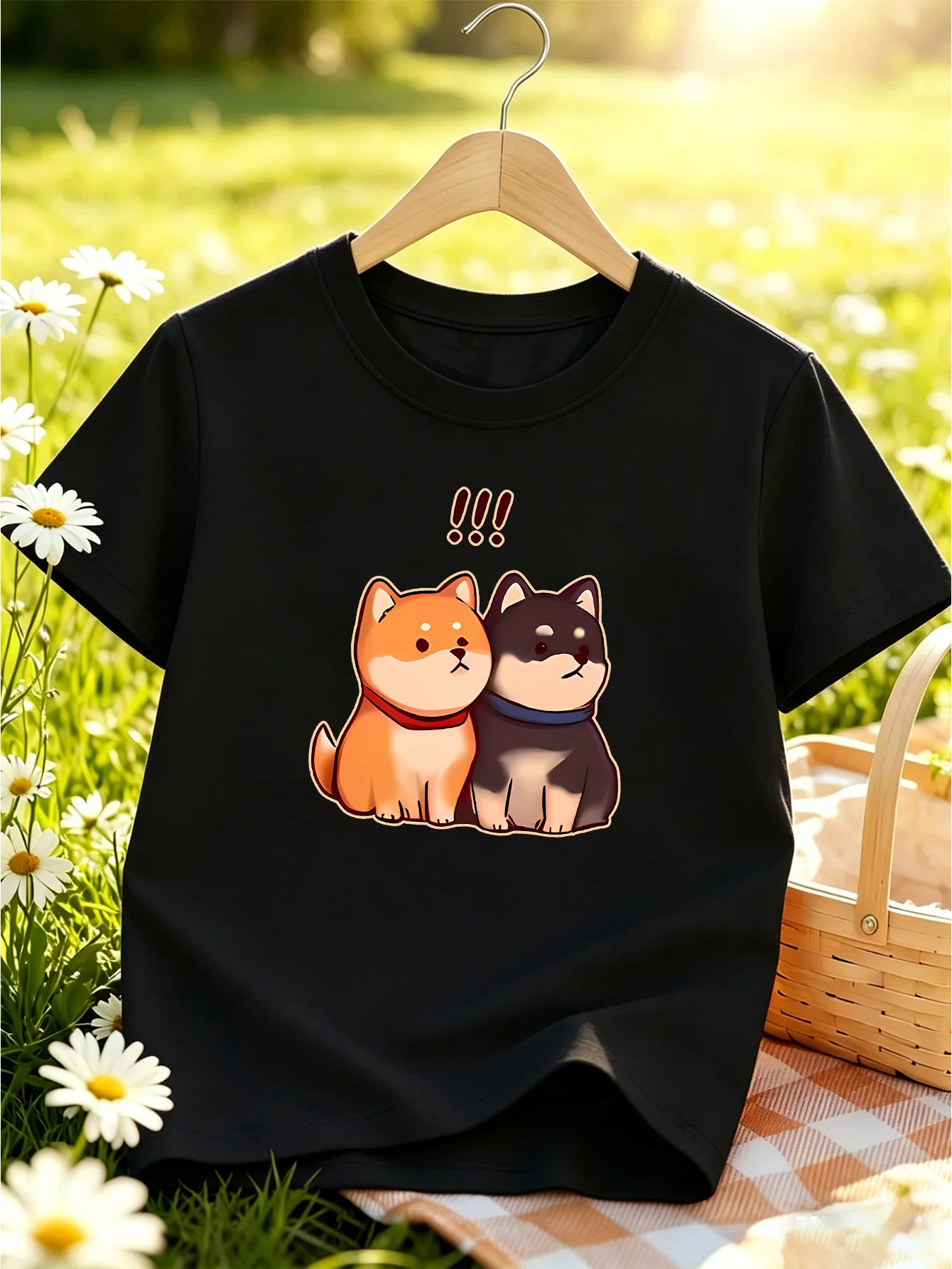 Cute Two Shiba Inu Puppies Print Graphic Kids Tee Boys Girls Family Matching Cotton Crew Neck Short Sleeve Soft Summer Tee