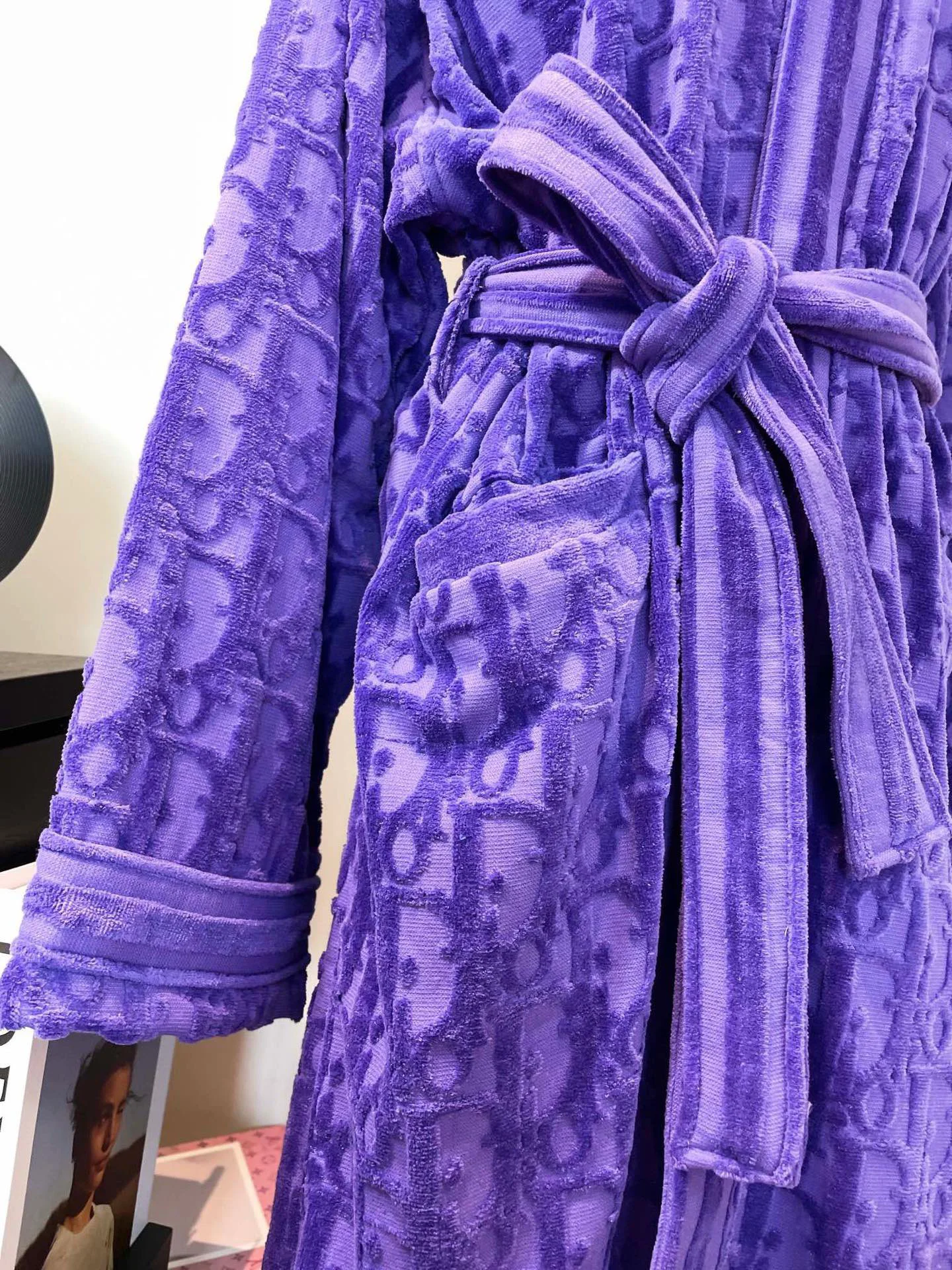 Cozy Purple Embossed Pattern Robe - Autumn Winter Bathrobe with Sash Tie & Pockets, Unisex Couple Homewear