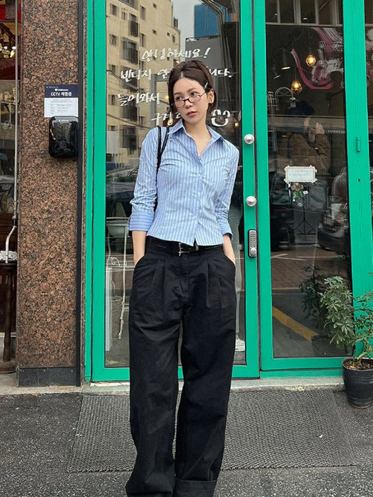 

Синяя полосатая женская рубашка с длинным рукавом, облегающая, с завышенной талией, для коррекции фигуры, в студенческом стиле, для ношения под одеждой, из смесового хлопка и полиэстера