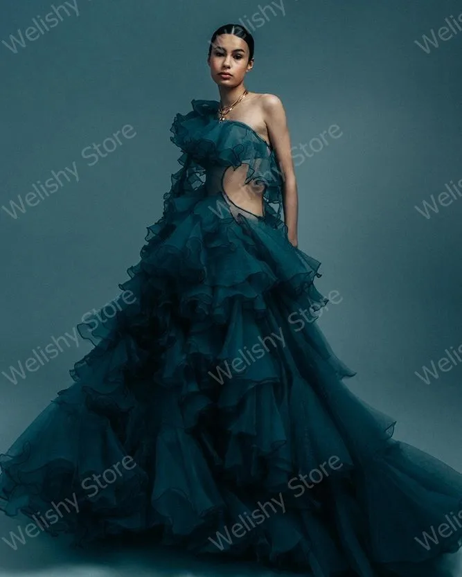 New One Shoulder Ruffled Tulle Dresses Diagonal collar A Line Long Robes Waist Hollow Out Sheer Mesh Prom Gowns Maxi Tulle Dress