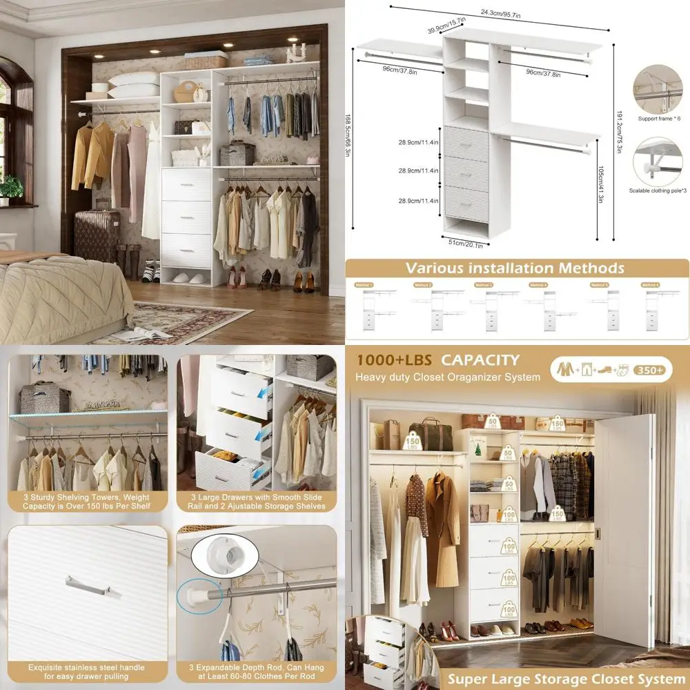 Expandable 8FT Wooden Closet Organizer System with Drawers and Adjustable Hanging Rods for Enhanced Storage Solutions