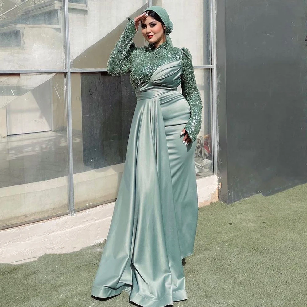 Sage Green Sequined Mermaid Evening Dresses High Neck Long Sleeve Arabic Dubai Formal Gown Pleat Satin Muslim Vestidos De Noche