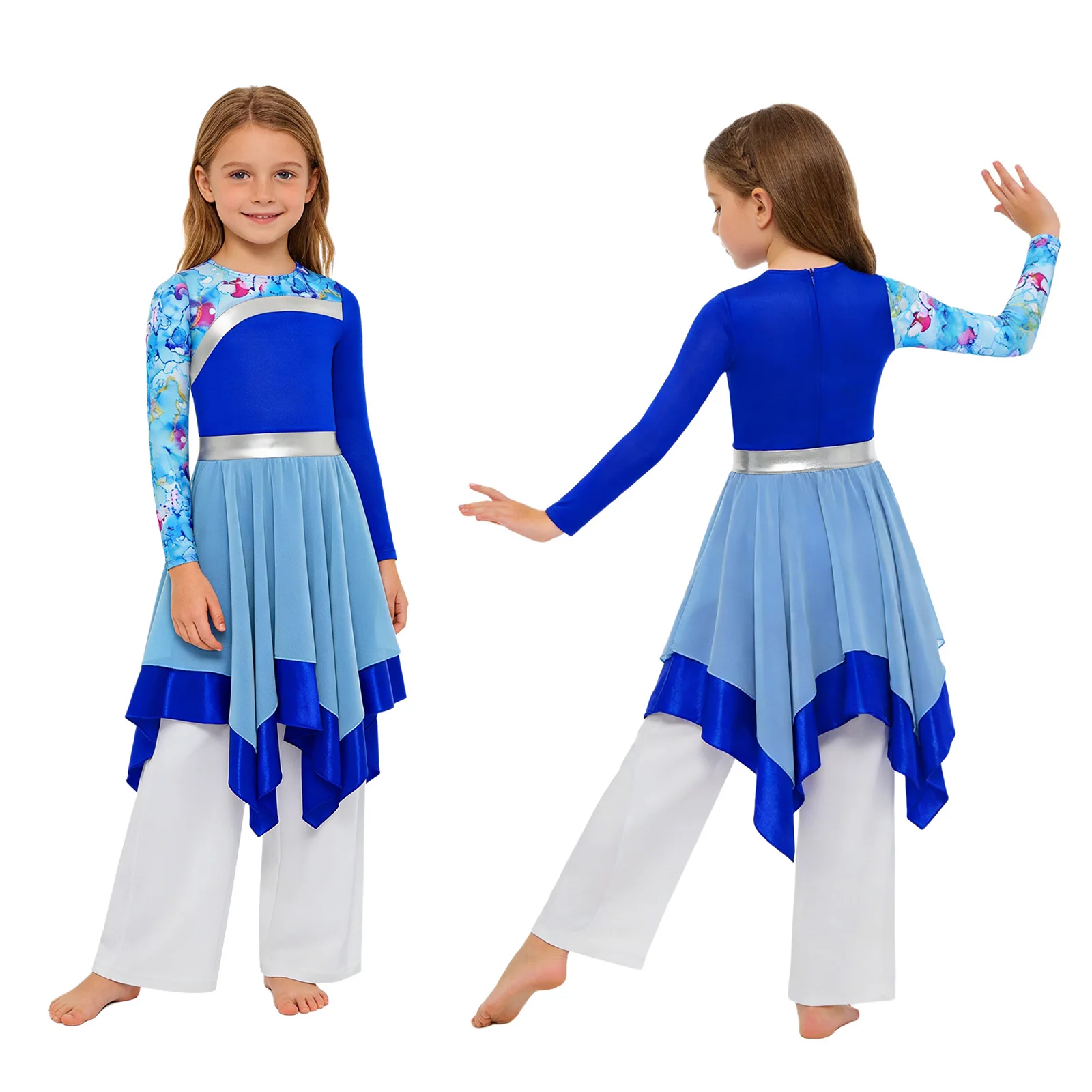 

Kids Girls Lyrical Worship Church Liturgical Praise Dance Dress Contemporary Dancewear Long Sleeve Print Tunic Dress with Pants