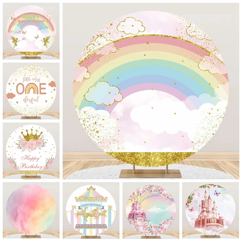 Newborn Baby Shower Rainbow Round Photo Background Glitter Kids Birthday Party Decor Circle Polyester Photography Backdrop