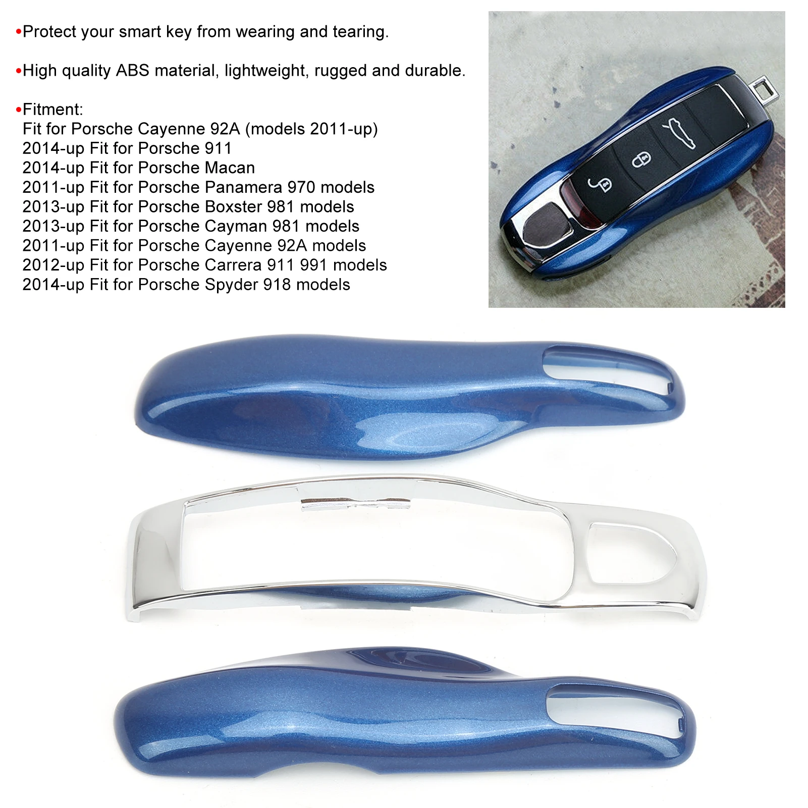 Car Remote Key Fob Case Trim Protective Cover Fit For Porsche 911/Panamera Macan Boxster(Blue Silver )