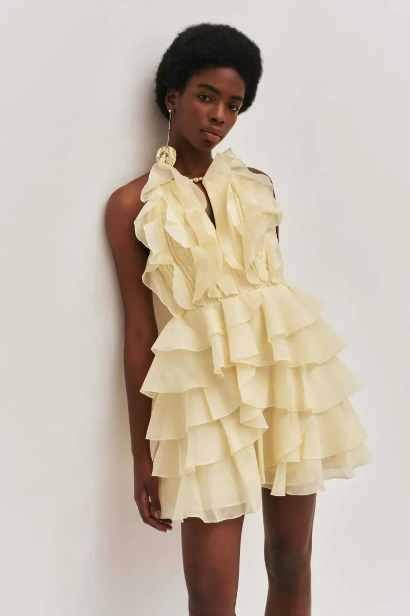 Vestido Mini Sem Mangas de Designer de Alta Qualidade com Bordas em Camadas, Elegante para Casamentos e Festas para Mulheres