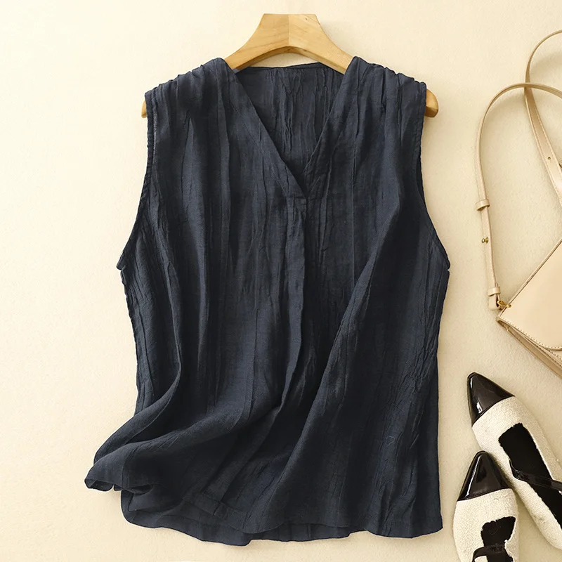 

Women Wrinkled Linen Tank Top V Neck Cross Wrap Sleeveless Loose Casual Vest Blouse
