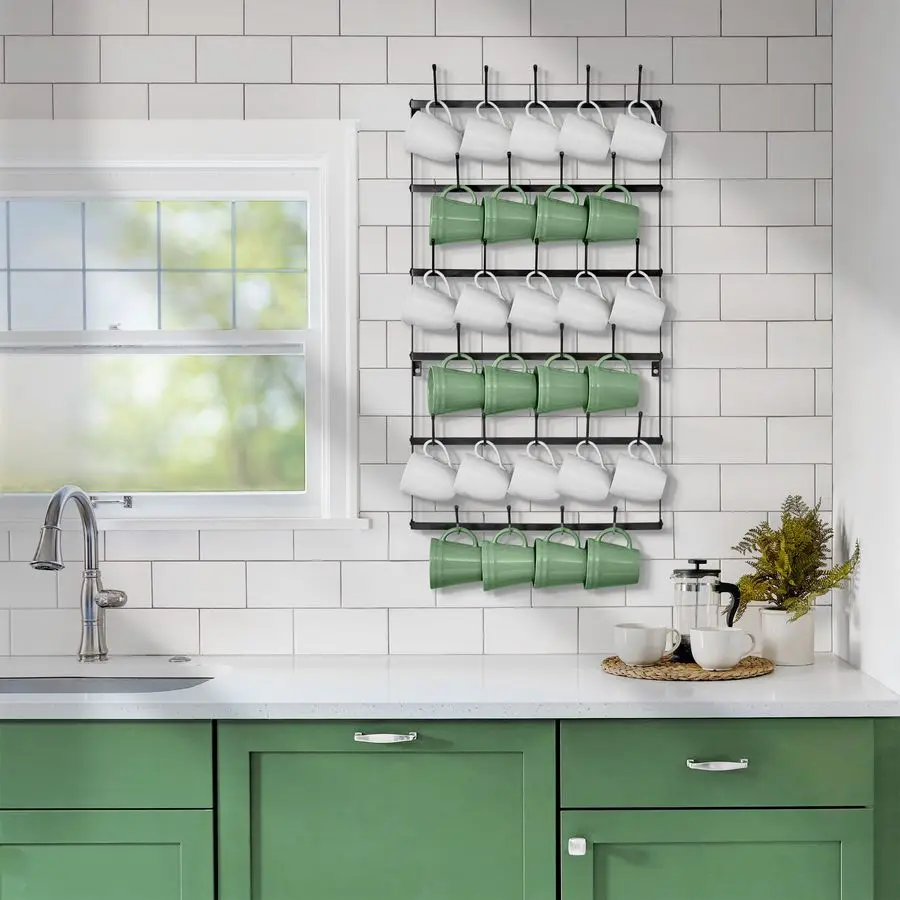 Mug Rack for Wall Large Rustic Coffee Mug Holder Wall Mount with 27 Hooks, Coffee Cup Display Rack, 6Tier Metal Mug Organizer fo