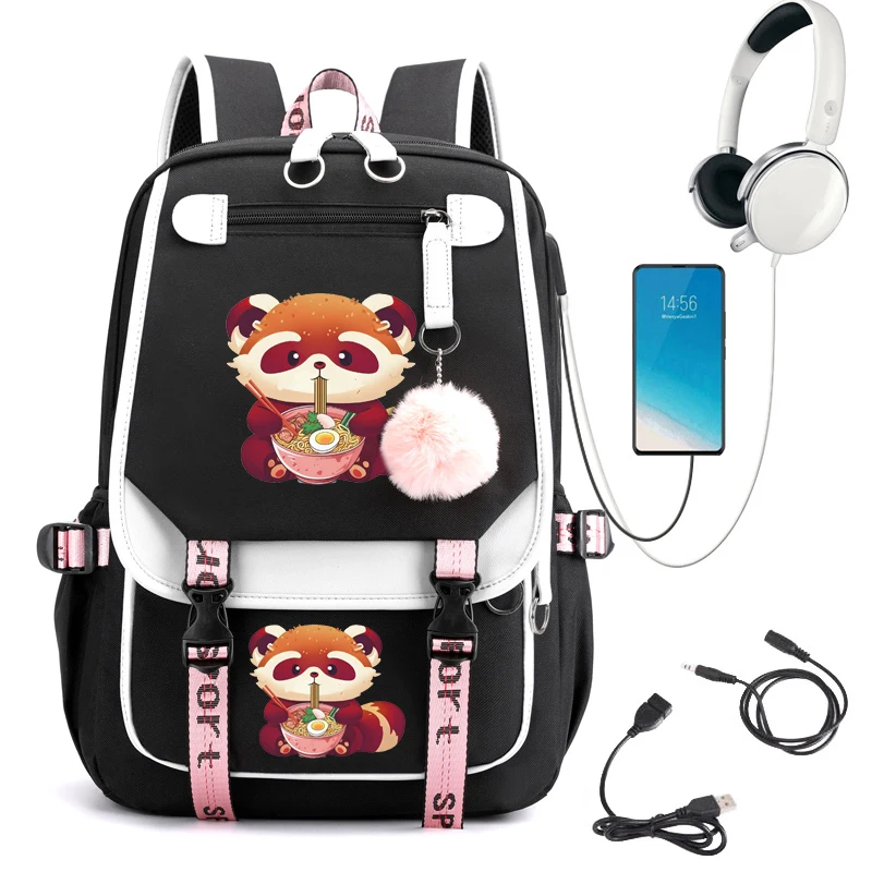 Red Panda Anime School Backpack for Teenager Red Panda Eating Ramen Cartoon Bookbag Usb Bagpack Student School Bag Travel Bags